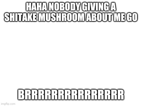 It's not true tho | HAHA NOBODY GIVING A SHITAKE MUSHROOM ABOUT ME GO; BRRRRRRRRRRRRRRR | image tagged in blank white template | made w/ Imgflip meme maker