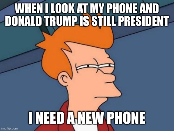 Futurama Fry | WHEN I LOOK AT MY PHONE AND DONALD TRUMP IS STILL PRESIDENT; I NEED A NEW PHONE | image tagged in memes,futurama fry | made w/ Imgflip meme maker