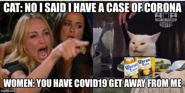 fake corona | CAT: NO I SAID I HAVE A CASE OF CORONA; WOMEN: YOU HAVE COVID19 GET AWAY FROM ME | image tagged in white cat table,corona beer | made w/ Imgflip meme maker