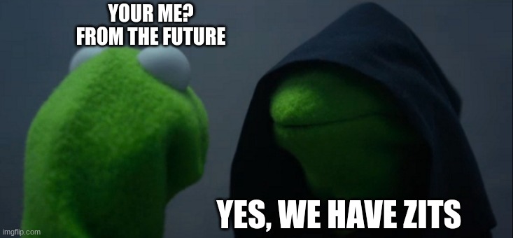 Evil Kermit | YOUR ME?
FROM THE FUTURE; YES, WE HAVE ZITS | image tagged in memes,evil kermit | made w/ Imgflip meme maker