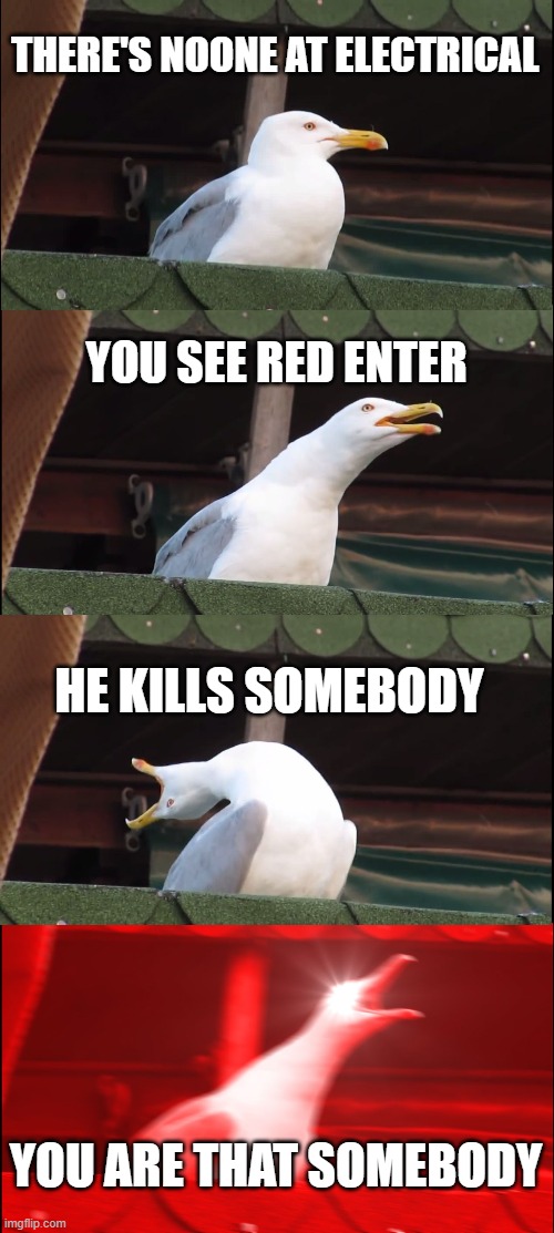 Inhaling Seagull Meme | THERE'S NOONE AT ELECTRICAL; YOU SEE RED ENTER; HE KILLS SOMEBODY; YOU ARE THAT SOMEBODY | image tagged in memes,inhaling seagull | made w/ Imgflip meme maker