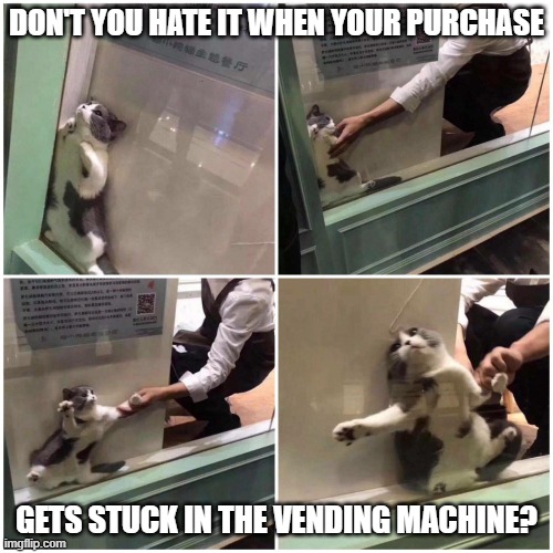 Ripoff | DON'T YOU HATE IT WHEN YOUR PURCHASE; GETS STUCK IN THE VENDING MACHINE? | image tagged in cat window | made w/ Imgflip meme maker