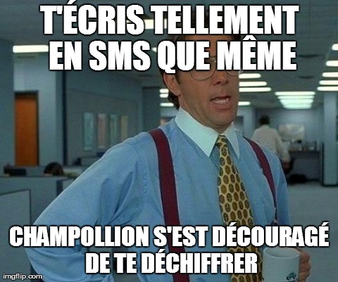 That Would Be Great Meme | T'Ã‰CRIS TELLEMENT EN SMS QUE MÃŠME CHAMPOLLION S'EST DÃ‰COURAGÃ‰ DE TE DÃ‰CHIFFRER | image tagged in memes,that would be great | made w/ Imgflip meme maker