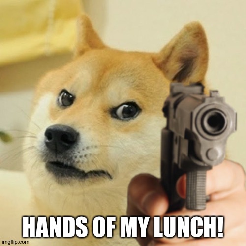 Doge holding a gun | HANDS OF MY LUNCH! | image tagged in doge holding a gun | made w/ Imgflip meme maker