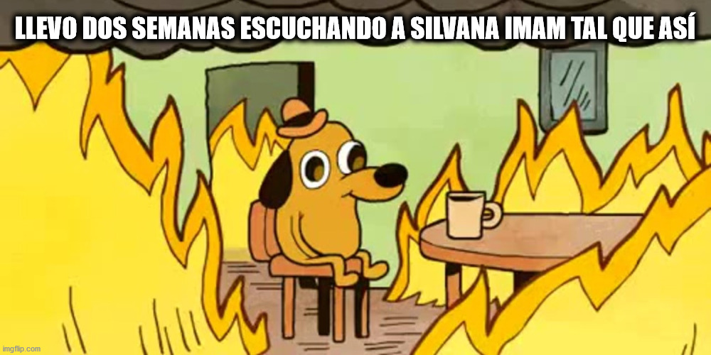 Everthing's on fire but I listen to "väck mig när ni vacknat" and others | LLEVO DOS SEMANAS ESCUCHANDO A SILVANA IMAM TAL QUE ASÍ | image tagged in dog on fire | made w/ Imgflip meme maker