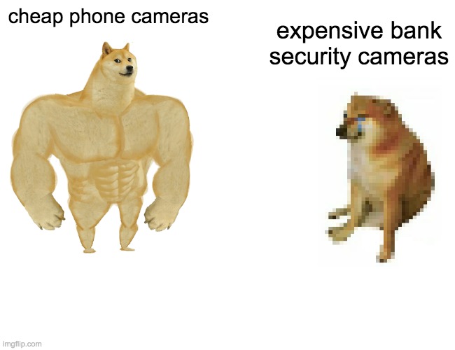 Buff Doge vs. Cheems | cheap phone cameras; expensive bank security cameras | image tagged in memes,buff doge vs cheems | made w/ Imgflip meme maker