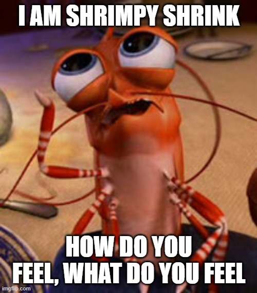 shrimpy shrink | I AM SHRIMPY SHRINK; HOW DO YOU FEEL, WHAT DO YOU FEEL | image tagged in shrimp,psychology,counseling | made w/ Imgflip meme maker