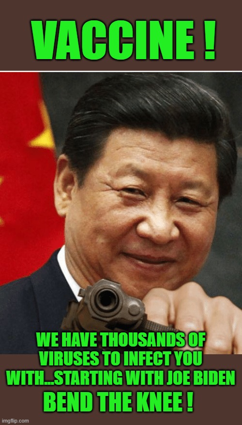 Xi Jinping | VACCINE ! WE HAVE THOUSANDS OF VIRUSES TO INFECT YOU WITH...STARTING WITH JOE BIDEN; BEND THE KNEE ! | image tagged in xi jinping,joe biden,democrats,communism,enslavement,2020 elections | made w/ Imgflip meme maker