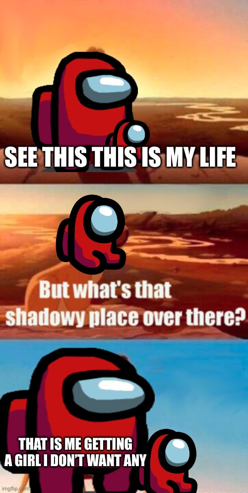 Simba Shadowy Place Meme | SEE THIS THIS IS MY LIFE; THAT IS ME GETTING A GIRL I DON’T WANT ANY | image tagged in seems legit,i don't care,thinking about other girls | made w/ Imgflip meme maker