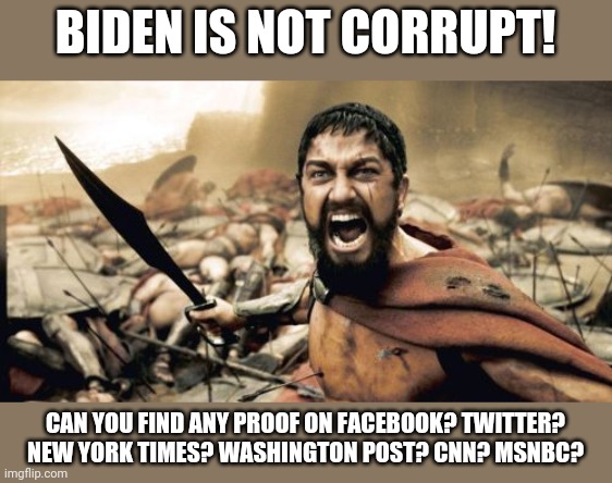 But something smells very fishy here, maybe it's Joe's socks... | BIDEN IS NOT CORRUPT! CAN YOU FIND ANY PROOF ON FACEBOOK? TWITTER? NEW YORK TIMES? WASHINGTON POST? CNN? MSNBC? | image tagged in memes,sparta leonidas | made w/ Imgflip meme maker