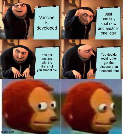 Vaccine is developed; Just one tiny shot now and another one later; You get so sick with the first shot you almost die; You decide you'd rather get the disease than a second shot | image tagged in memes,gru's plan,monkey puppet,covid-19,vaccine | made w/ Imgflip meme maker