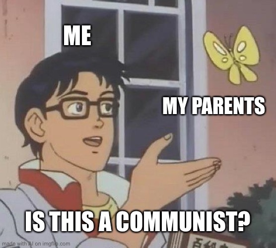 Is This A Pigeon | ME; MY PARENTS; IS THIS A COMMUNIST? | image tagged in memes,is this a pigeon,ai meme | made w/ Imgflip meme maker