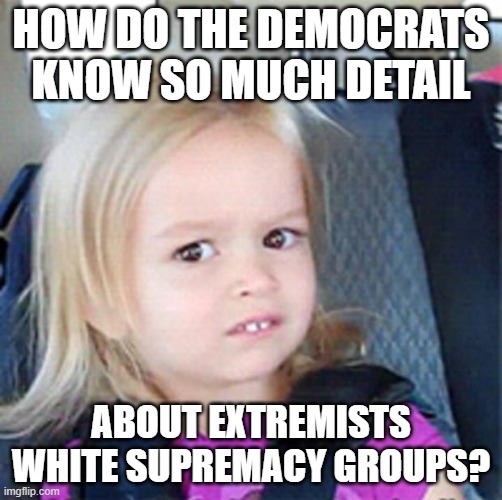 Confused Little Girl | HOW DO THE DEMOCRATS KNOW SO MUCH DETAIL; ABOUT EXTREMISTS WHITE SUPREMACY GROUPS? | image tagged in confused little girl | made w/ Imgflip meme maker