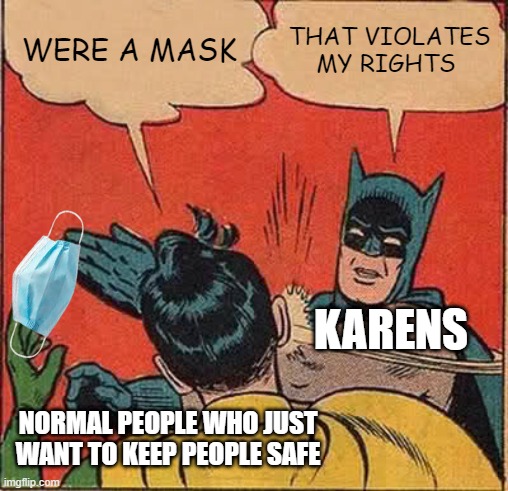 Batman Slapping Robin Meme | WERE A MASK; THAT VIOLATES MY RIGHTS; KARENS; NORMAL PEOPLE WHO JUST WANT TO KEEP PEOPLE SAFE | image tagged in memes,batman slapping robin | made w/ Imgflip meme maker