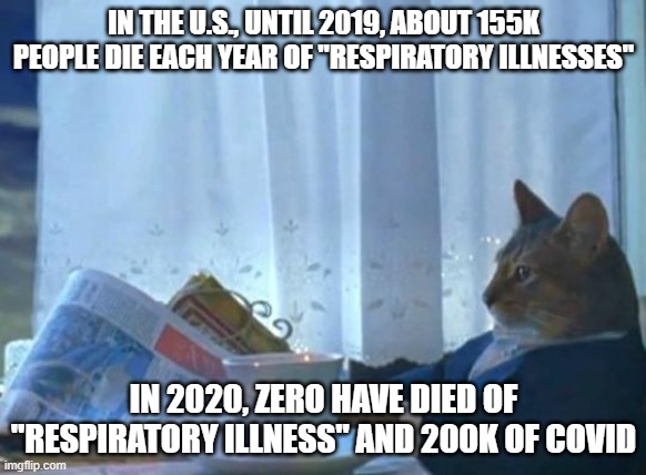 Cat newspaper | IN THE U.S., UNTIL 2019, ABOUT 155K PEOPLE DIE EACH YEAR OF "RESPIRATORY ILLNESSES"; IN 2020, ZERO HAVE DIED OF "RESPIRATORY ILLNESS" AND 200K OF COVID | image tagged in cat newspaper | made w/ Imgflip meme maker