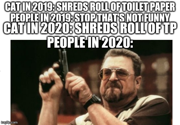 sorry bout the errors in the meme im still figuring stuff out | CAT IN 2019: SHREDS ROLL OF TOILET PAPER
PEOPLE IN 2019: STOP THAT'S NOT FUNNY; CAT IN 2020: SHREDS ROLL OF TP
PEOPLE IN 2020: | image tagged in am i the only one around here | made w/ Imgflip meme maker