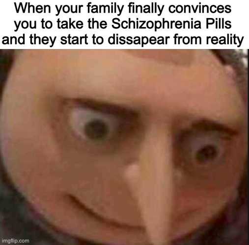 When your family finally convinces you to take the Schizophrenia Pills and they start to dissapear from reality | made w/ Imgflip meme maker