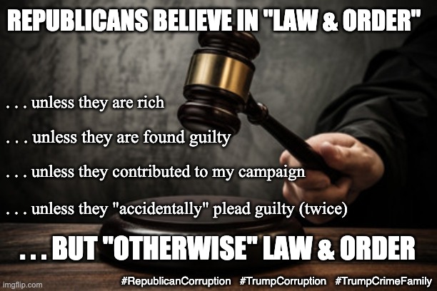 Not for us, just to keep "you" down . . . | REPUBLICANS BELIEVE IN "LAW & ORDER"; . . . unless they are rich; . . . unless they are found guilty; . . . unless they contributed to my campaign; . . . unless they "accidentally" plead guilty (twice); . . . BUT "OTHERWISE" LAW & ORDER; #RepublicanCorruption   #TrumpCorruption   #TrumpCrimeFamily | image tagged in court,law and order,corruption,republicans,trump,crime | made w/ Imgflip meme maker