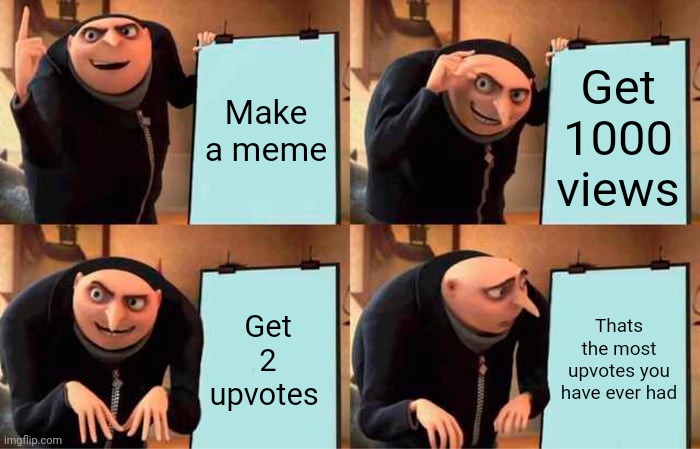 Gru's Plan | Make a meme; Get 1000 views; Get 2 upvotes; Thats the most upvotes you have ever had | image tagged in memes,gru's plan | made w/ Imgflip meme maker