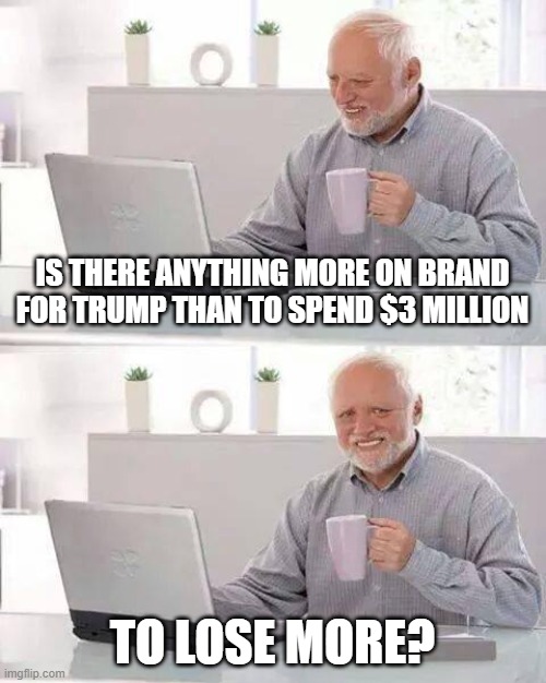 132 more votes for Biden in Wisconsin | IS THERE ANYTHING MORE ON BRAND FOR TRUMP THAN TO SPEND $3 MILLION; TO LOSE MORE? | image tagged in memes,hide the pain harold,donald trump is an idiot | made w/ Imgflip meme maker