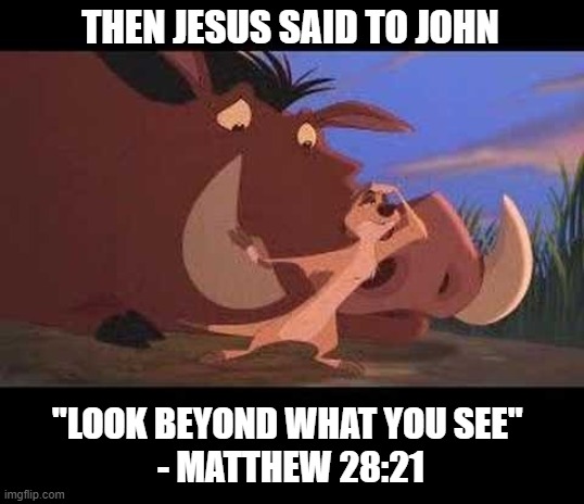 Bible study is never boring! | THEN JESUS SAID TO JOHN; "LOOK BEYOND WHAT YOU SEE" 
- MATTHEW 28:21 | image tagged in look beyond what you see,biblical | made w/ Imgflip meme maker