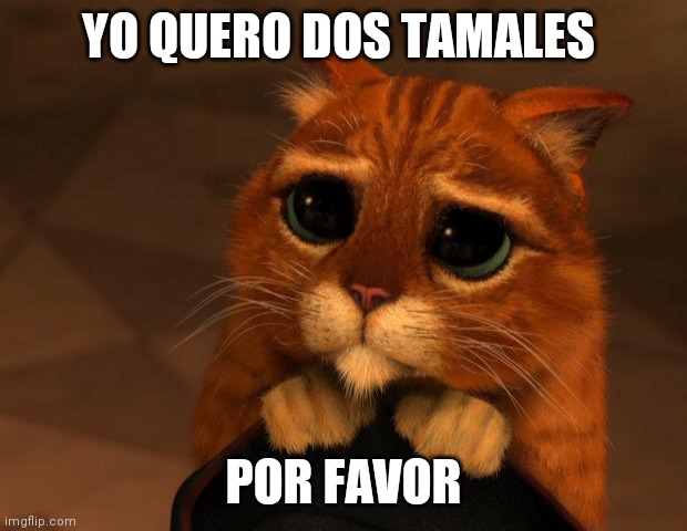 puss in boots eyes | YO QUERO DOS TAMALES; POR FAVOR | image tagged in puss in boots eyes | made w/ Imgflip meme maker