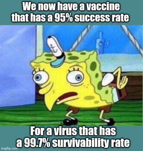 Mocking Spongebob | We now have a vaccine that has a 95% success rate; For a virus that has a 99.7% survivability rate | image tagged in memes,mocking spongebob | made w/ Imgflip meme maker