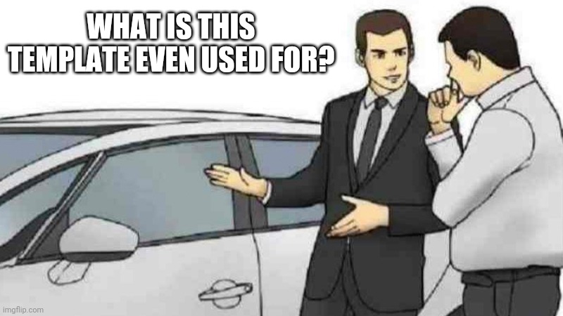 Car Salesman Slaps Roof Of Car | WHAT IS THIS TEMPLATE EVEN USED FOR? | image tagged in memes,car salesman slaps roof of car | made w/ Imgflip meme maker