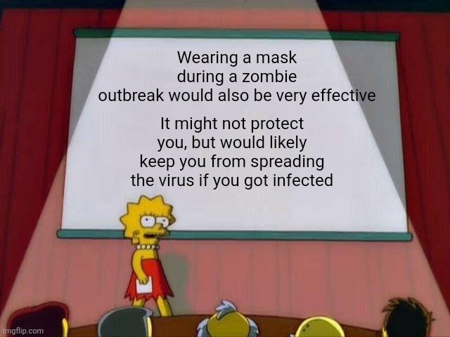 Lisa Simpson's Presentation |  Wearing a mask during a zombie outbreak would also be very effective; It might not protect you, but would likely keep you from spreading the virus if you got infected | image tagged in lisa simpson's presentation,memes | made w/ Imgflip meme maker