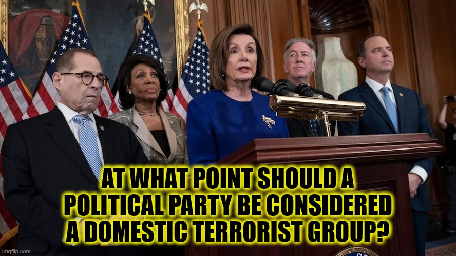 Deep Thoughts | AT WHAT POINT SHOULD A POLITICAL PARTY BE CONSIDERED A DOMESTIC TERRORIST GROUP? | image tagged in pelosi,schiff,nadler,maxine waters | made w/ Imgflip meme maker