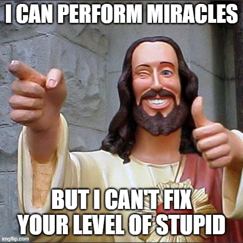 Buddy Christ Meme | I CAN PERFORM MIRACLES; BUT I CAN'T FIX YOUR LEVEL OF STUPID | image tagged in memes,buddy christ | made w/ Imgflip meme maker