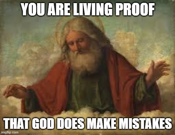 god | YOU ARE LIVING PROOF; THAT GOD DOES MAKE MISTAKES | image tagged in god | made w/ Imgflip meme maker