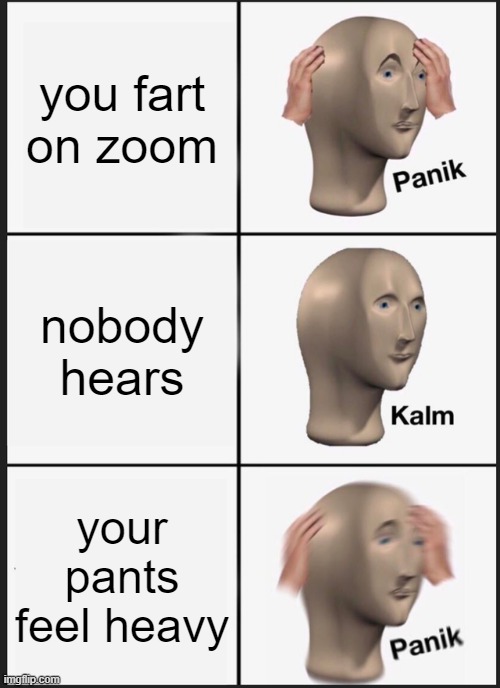 uh oh | you fart on zoom; nobody hears; your pants feel heavy | image tagged in memes,panik kalm panik | made w/ Imgflip meme maker