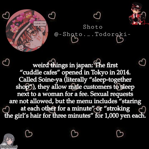 shoto 4 | weird things in japan: The first “cuddle cafes” opened in Tokyo in 2014. Called Soine-ya (literally “sleep-together shop”), they allow male customers to sleep next to a woman for a fee. Sexual requests are not allowed, but the menu includes “staring at each other for a minute” or “stroking the girl’s hair for three minutes” for 1,000 yen each. | image tagged in shoto 4 | made w/ Imgflip meme maker