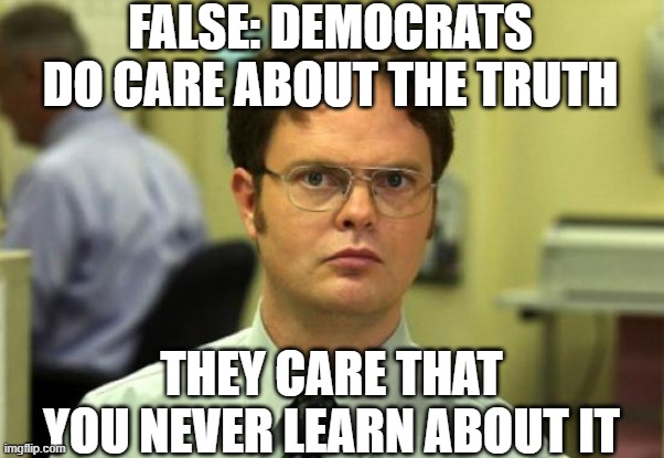 Dwight Schrute Meme | FALSE: DEMOCRATS DO CARE ABOUT THE TRUTH THEY CARE THAT YOU NEVER LEARN ABOUT IT | image tagged in memes,dwight schrute | made w/ Imgflip meme maker