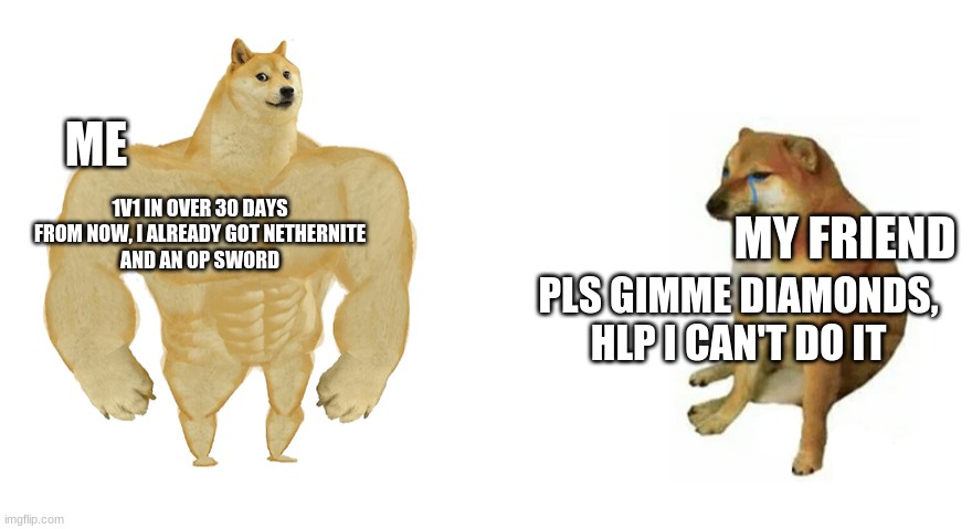 My friend claimed he was a pro but I had to give him diamonds... smh | ME; MY FRIEND; 1V1 IN OVER 30 DAYS FROM NOW, I ALREADY GOT NETHERNITE
AND AN OP SWORD; PLS GIMME DIAMONDS, HLP I CAN'T DO IT | image tagged in buff doge vs crying cheems | made w/ Imgflip meme maker