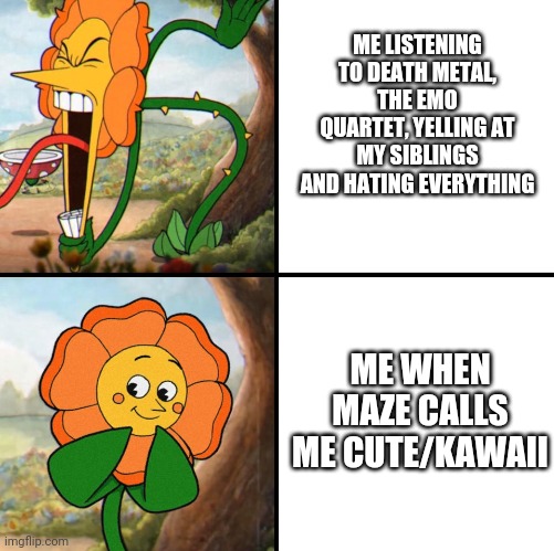 Me vs. me | ME LISTENING TO DEATH METAL, THE EMO QUARTET, YELLING AT MY SIBLINGS AND HATING EVERYTHING; ME WHEN MAZE CALLS ME CUTE/KAWAII | image tagged in angry flower | made w/ Imgflip meme maker