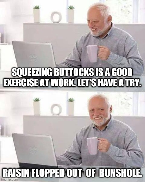 Good exercise | SQUEEZING BUTTOCKS IS A GOOD EXERCISE AT WORK. LET'S HAVE A TRY. RAISIN FLOPPED OUT  OF  BUNSHOLE. | image tagged in memes,hide the pain harold | made w/ Imgflip meme maker