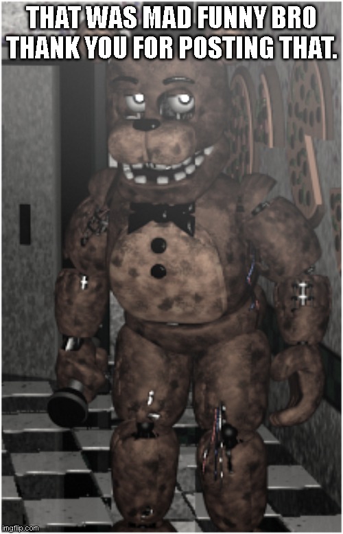 THAT WAS MAD FUNNY BRO THANK YOU FOR POSTING THAT. | image tagged in fnaf,memes | made w/ Imgflip meme maker