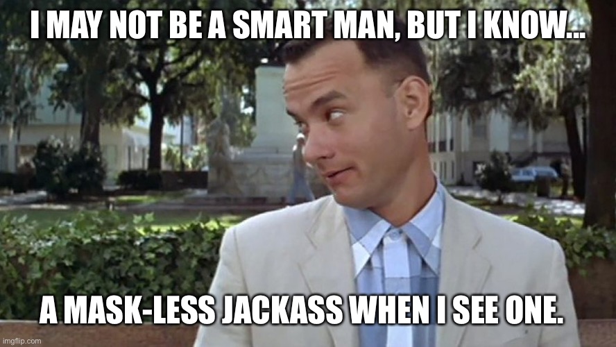 Mask Up | I MAY NOT BE A SMART MAN, BUT I KNOW... A MASK-LESS JACKASS WHEN I SEE ONE. | image tagged in forrest gump face | made w/ Imgflip meme maker