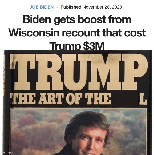 Trump lit 3 million on fire just to be handed a bigger L | image tagged in art of the l,donald trump,joe biden,wisconsin,recount,2020 elections | made w/ Imgflip meme maker