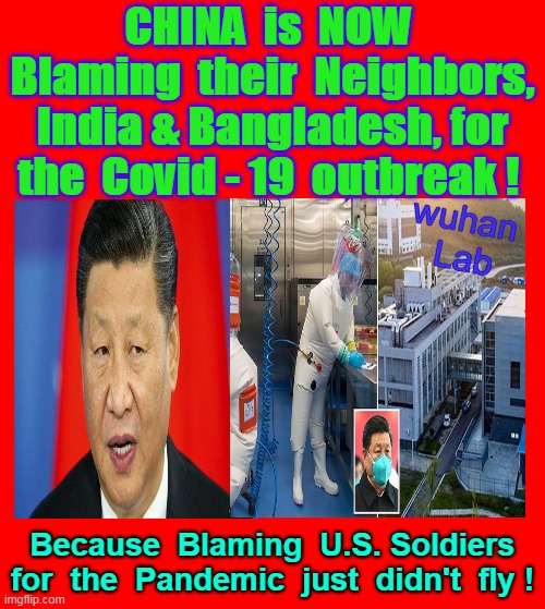 It Was - MADE IN CHINA . . . | CHINA  is  NOW  Blaming  their  Neighbors, India & Bangladesh, for the  Covid - 19  outbreak ! wuhan  Lab; Because  Blaming  U.S. Soldiers for  the  Pandemic  just  didn't  fly ! | image tagged in covid-19,corona virus,wuhan,made in china,blame,india | made w/ Imgflip meme maker