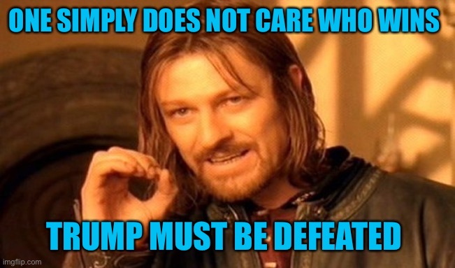 One Does Not Simply Meme | ONE SIMPLY DOES NOT CARE WHO WINS TRUMP MUST BE DEFEATED | image tagged in memes,one does not simply | made w/ Imgflip meme maker