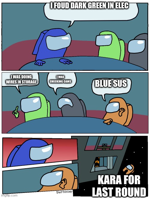 Among Us Meeting | I FOUD DARK GREEN IN ELEC; BLUE SUS; I WAS DOING WIRES IN STORAGE; I WAS CHECKING CAMS; KARA FOR LAST ROUND | image tagged in among us meeting | made w/ Imgflip meme maker