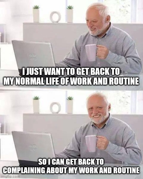 Hide the Pain Harold | I JUST WANT TO GET BACK TO MY NORMAL LIFE OF WORK AND ROUTINE; SO I CAN GET BACK TO COMPLAINING ABOUT MY WORK AND ROUTINE | image tagged in memes,hide the pain harold | made w/ Imgflip meme maker