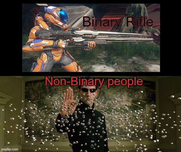bullets neo avoid matrix | Binary Rifle; Non-Binary people | image tagged in bullets neo avoid matrix,halo | made w/ Imgflip meme maker