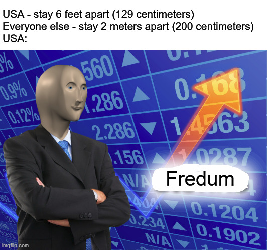 supr fredum | USA - stay 6 feet apart (129 centimeters)
Everyone else - stay 2 meters apart (200 centimeters)
USA:; Fredum | image tagged in empty stonks,kung flu,social distancing,freedom,usa | made w/ Imgflip meme maker