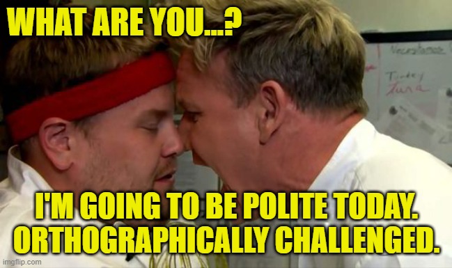 Orthographically challenged | WHAT ARE YOU...? I'M GOING TO BE POLITE TODAY.
ORTHOGRAPHICALLY CHALLENGED. | image tagged in gordon ramsay screaming | made w/ Imgflip meme maker