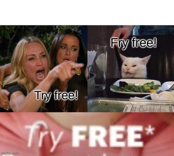 Fry free! | Fry free! Try free! | image tagged in memes,woman yelling at cat | made w/ Imgflip meme maker