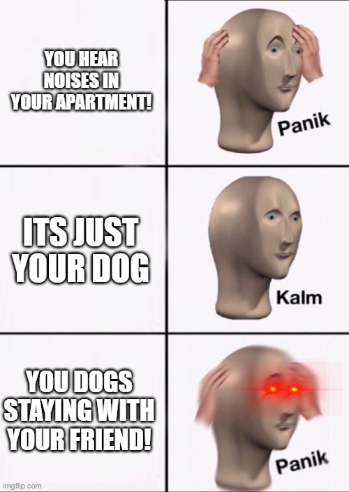 oh no mama I forgot to water my baguettes! | YOU HEAR NOISES IN YOUR APARTMENT! ITS JUST YOUR DOG; YOU DOGS STAYING WITH YOUR FRIEND! | image tagged in stonks panic calm panic,ha ha,memes,fun,ah yes | made w/ Imgflip meme maker